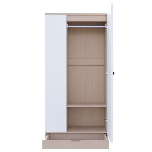 Armoire Blanche Et Bois H.170 Cm, 1 Porte, Étagères Et Tiroir, Rangement Vêtements, Chambre