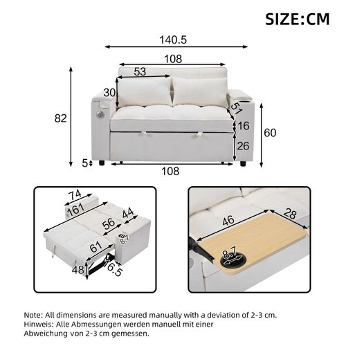 Canapé Convertible 2 Places Tissu Beige, Dossier Réglable, Rangements, Ports USB, Tablette D’appoint