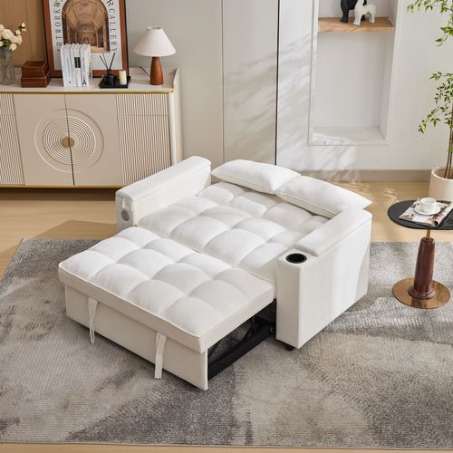 Canapé Convertible 2 Places Tissu Beige, Dossier Réglable, Rangements, Ports USB, Tablette D’appoint