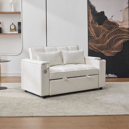 Canapé Convertible 2 Places Tissu Beige, Dossier Réglable, Rangements, Ports USB, Tablette D’appoint