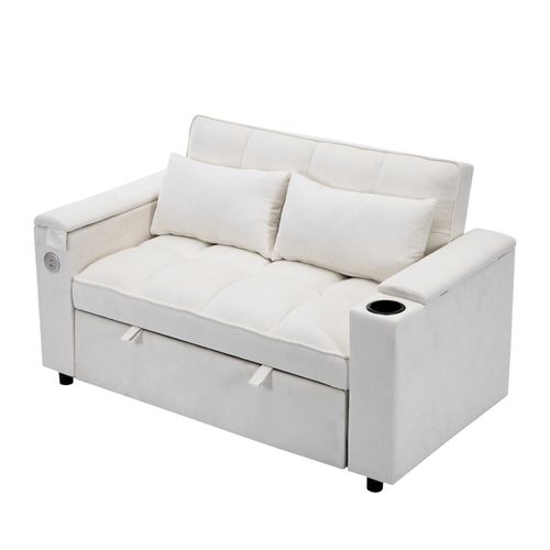 Canapé Convertible 2 Places Tissu Beige, Dossier Réglable, Rangements, Ports USB, Tablette D’appoint