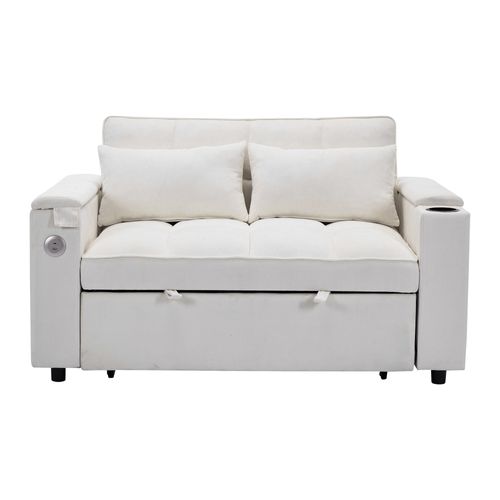 Canapé Convertible 2 Places Tissu Beige, Dossier Réglable, Rangements, Ports USB, Tablette D’appoint