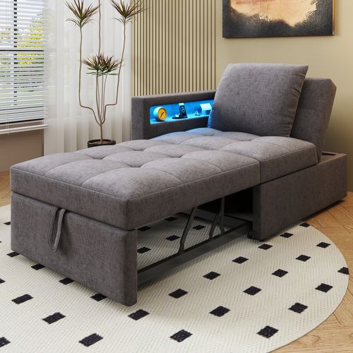 Fauteuil Convertible, Canapé-lit L.177 Cm 3-en-1 En Lin Gris Foncé Avec LED Et Ports USB/type-c