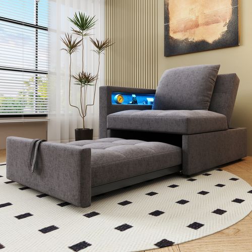 Fauteuil Convertible, Canapé-lit L.177 Cm 3-en-1 En Lin Gris Foncé Avec LED Et Ports USB/type-c