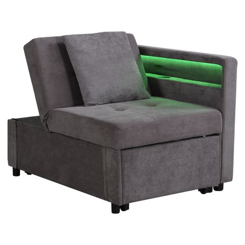 Fauteuil Convertible, Canapé-lit L.177 Cm 3-en-1 En Lin Gris Foncé Avec LED Et Ports USB/type-c