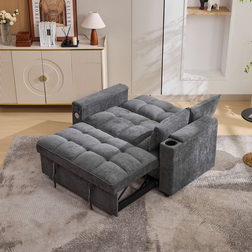 Canapé Convertible 2 Places Tissu Gris Avec Tablette D’appoint, Rangements, Ports USB
