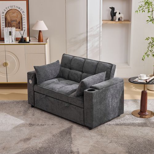 Canapé Convertible 2 Places Tissu Gris Avec Tablette D’appoint, Rangements, Ports USB