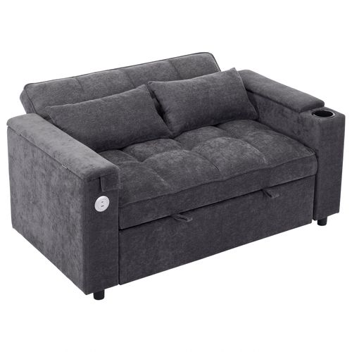 Canapé Convertible 2 Places Tissu Gris Avec Tablette D’appoint, Rangements, Ports USB