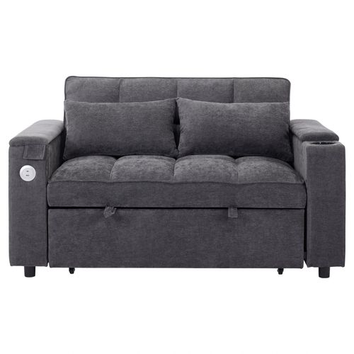 Canapé Convertible 2 Places Tissu Gris Avec Tablette D’appoint, Rangements, Ports USB