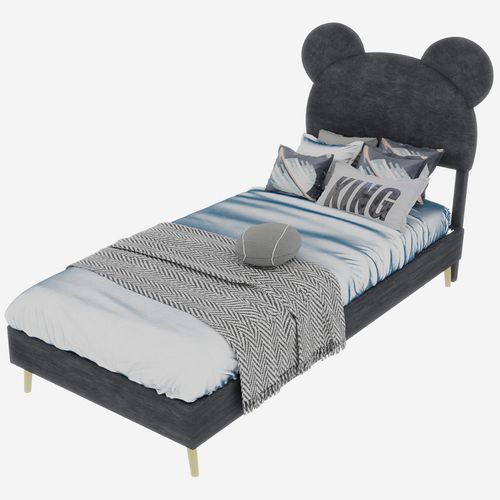 Lit Enfant 90x200 Cm Avec Sommier à Lattes Et Tête De Lit Cartoon, Tissu Gris Et Métal