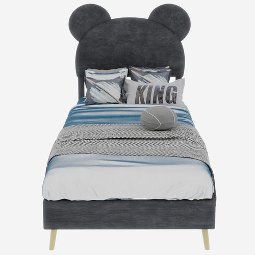 Lit Enfant 90x200 Cm Avec Sommier à Lattes Et Tête De Lit Cartoon, Tissu Gris Et Métal