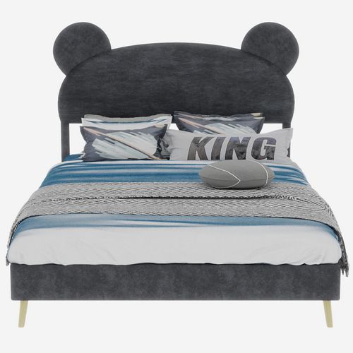 Lit Enfant 140x200 Cm Avec Sommier à Lattes Et Tête De Lit Cartoon, Tissu Gris Et Métal