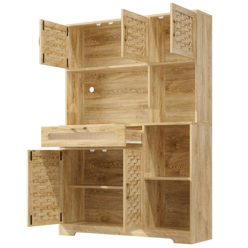 Buffet De Cuisine Bois Haut.180 Cm Avec LED, 5 Portes Et Tiroir, Rangement Salon/salle à Manger