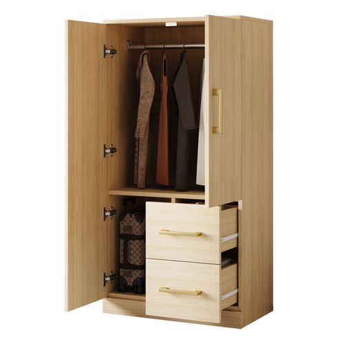 Armoire Enfant Bois 70x40x135 Cm, 2 Portes Et 2 Tiroirs, Grande Rangement