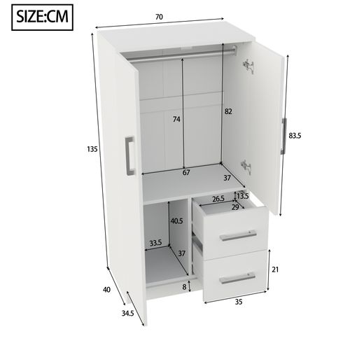 Armoire Enfant Blanc 70x40x135 Cm, 2 Portes Et 2 Tiroirs, Grande Rangement