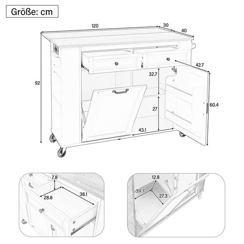 Desserte, Îlot De Cuisine Blanc Et Bois Extensible Sur Roulettes, 2 Tiroirs Et Poubelle, Prises USB