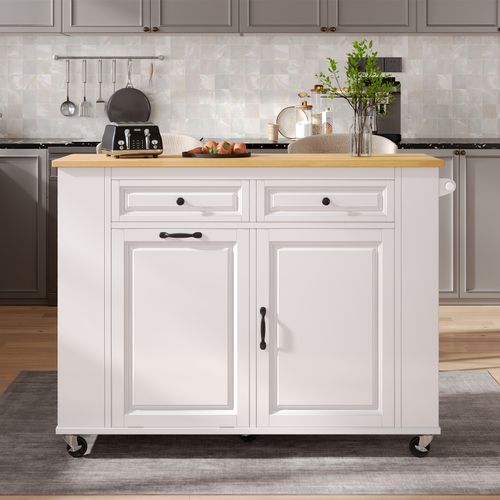Desserte, Îlot De Cuisine Blanc Et Bois Extensible Sur Roulettes, 2 Tiroirs Et Poubelle, Prises USB