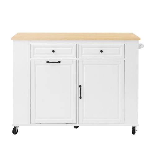Desserte, Îlot De Cuisine Blanc Et Bois Extensible Sur Roulettes, 2 Tiroirs Et Poubelle, Prises USB