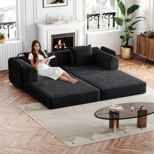 Canapé Convertible 2 Place Modulable Tissu Chenille Noir Avec Rangement Accoudoir, Cadres Métal