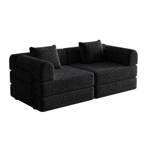 Canapé Convertible 2 Place Modulable Tissu Chenille Noir Avec Rangement Accoudoir, Cadres Métal