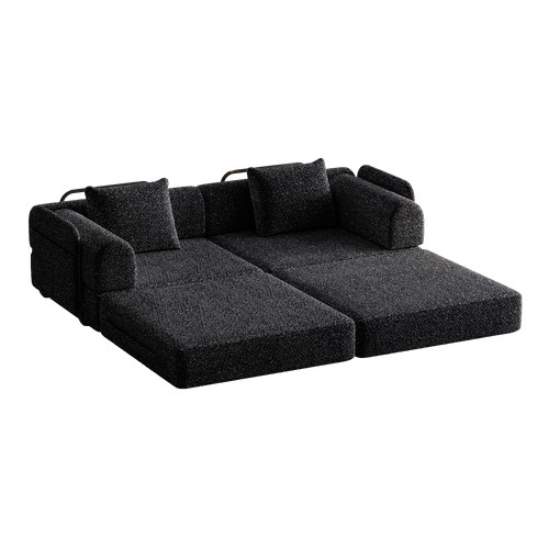 Canapé Convertible 2 Place Modulable Tissu Chenille Noir Avec Rangement Accoudoir, Cadres Métal