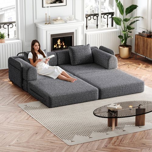 Canapé Convertible 2 Place Modulable Tissu Chenille Gris Avec Rangement Accoudoir, Cadres Métal