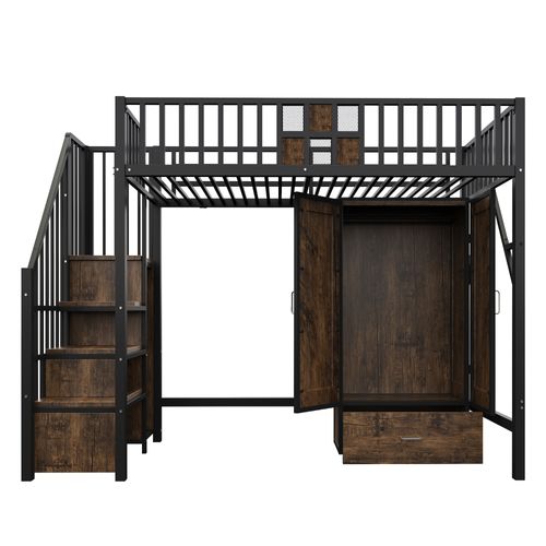 Lit Mezzanine Enfant 90x200 Cm Rangement Intégré Avec Placard Et Tiroir, Métal Noir Et Bois Foncé