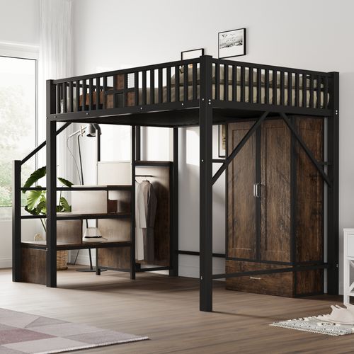 Lit Mezzanine Adulte 140x200 Cm Rangement Intégré En Métal Et Bois, Avec Grand Placard Et Tiroir