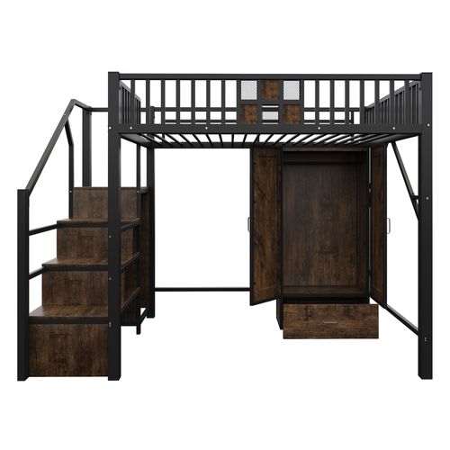 Lit Mezzanine Adulte 140x200 Cm Rangement Intégré En Métal Et Bois, Avec Grand Placard Et Tiroir