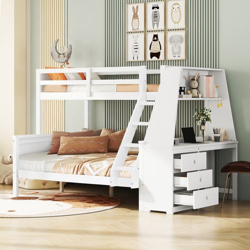 Lit Superposé 90/140x200 Cm Avec Bureau Intégré Et 3 Tiroirs, Pin Blanc