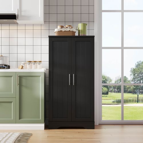 Buffet De Cuisine Noir, Armoire Haute 120x60x40 Cm, 2 Portes, LED Rechargeable, Finition Bois