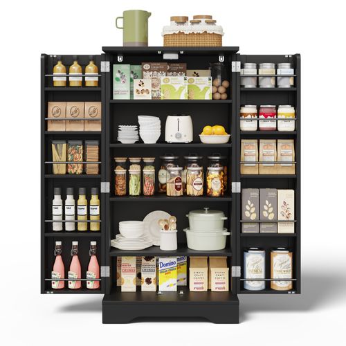 Buffet De Cuisine Noir, Armoire Haute 120x60x40 Cm, 2 Portes, LED Rechargeable, Finition Bois