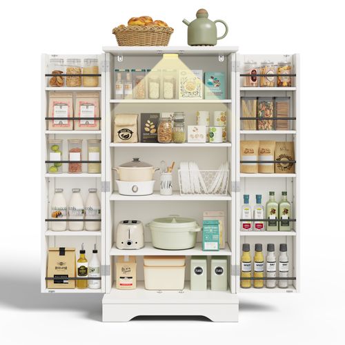 Buffet De Cuisine Haut.120cm Blanc, 2 Portes, Éclairage LED à Capteur, Étagères Réglables