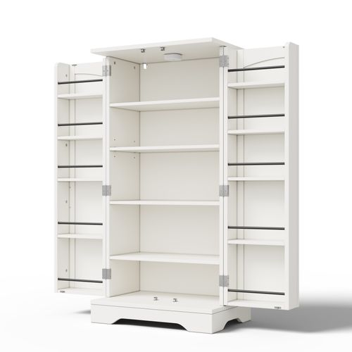 Buffet De Cuisine Haut.120cm Blanc, 2 Portes, Éclairage LED à Capteur, Étagères Réglables