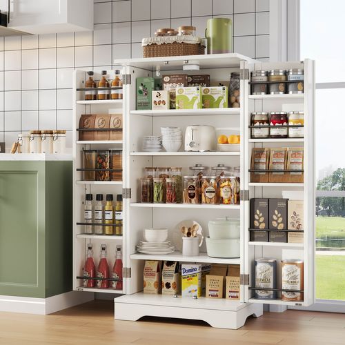 Buffet De Cuisine Blanc, Armoire Haute 120×60×40 Cm 2 Portes, Éclairage LED à Capteur