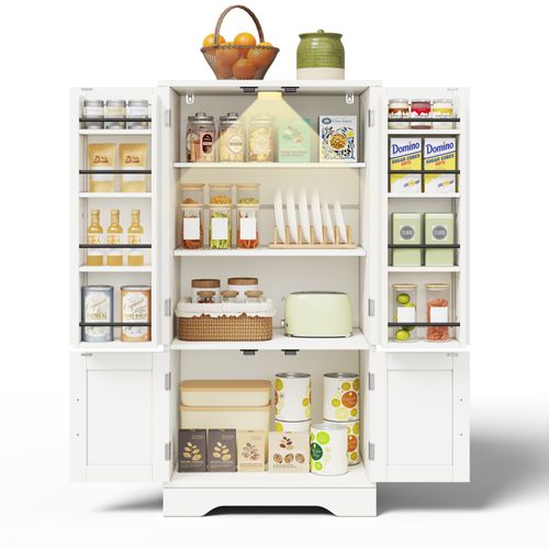 Buffet De Cuisine Blanc, Armoire Haute H.120cm Avec 4 Portes, LED à Capteur Et Étagères Réglables