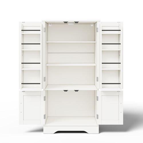 Buffet De Cuisine Blanc, Armoire Haute H.120cm Avec 4 Portes, LED à Capteur Et Étagères Réglables