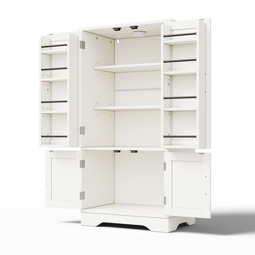 Buffet De Cuisine Blanc, Armoire Haute H.120cm Avec 4 Portes, LED à Capteur Et Étagères Réglables