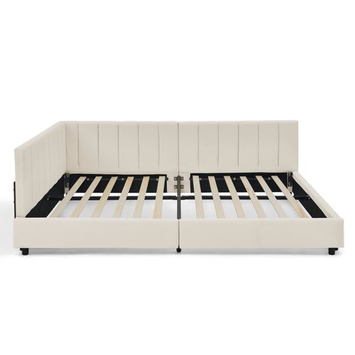 Lit Adulte 160x200 Cm 2 Places Velours Beige, Tête Haute, Structure Bois Et Métal