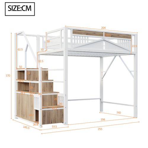 Lit Mezzanine 140x200 Cm Métal Blanc Et Bois Avec Rangements Et Petit Placard