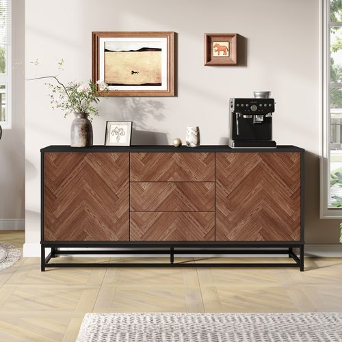 Buffet Bois Chêne, Métal Noir 145 X 40 X 67 Cm Avec 3 Tiroirs Et 2 Portes, Rangement Pratique