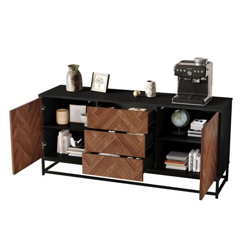 Buffet Bois Chêne, Métal Noir 145 X 40 X 67 Cm Avec 3 Tiroirs Et 2 Portes, Rangement Pratique