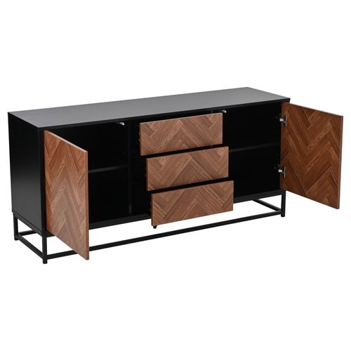 Buffet Bois Chêne, Métal Noir 145 X 40 X 67 Cm Avec 3 Tiroirs Et 2 Portes, Rangement Pratique
