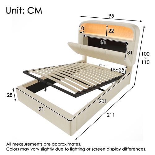 Lit Enfant 90x200 Cm Avec Rangement Hydraulique, LED, Ports USB Et Type-c, Velours Beige