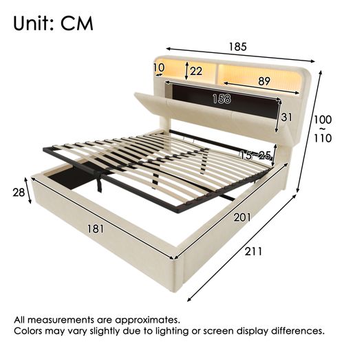 Lit Adulte 180x200 Cm Velours Beige Avec Rangements, LED Et Ports USB/type-c, Sommier à Lattes