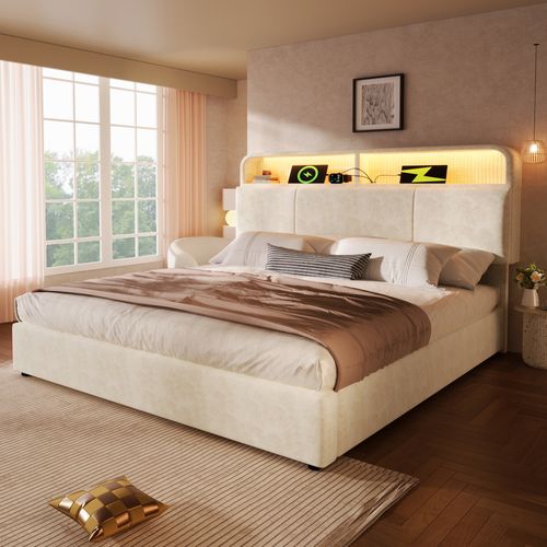 Lit Adulte 180x200 Cm Velours Beige Avec Rangements, LED Et Ports USB/type-c, Sommier à Lattes