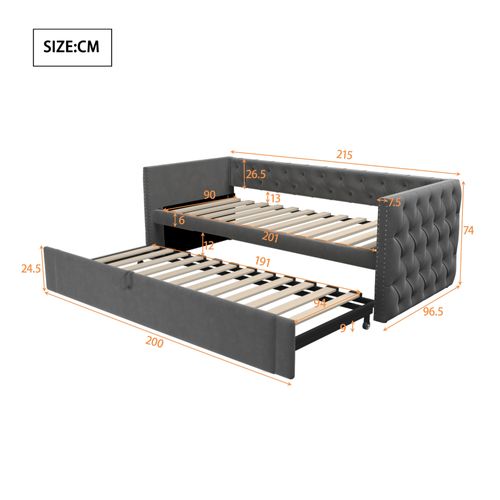 Lit Enfant 90x200 Cm Canapé‑lit Gigogne 90x190 Cm En Velours Gris Avec Sommier à Lattes