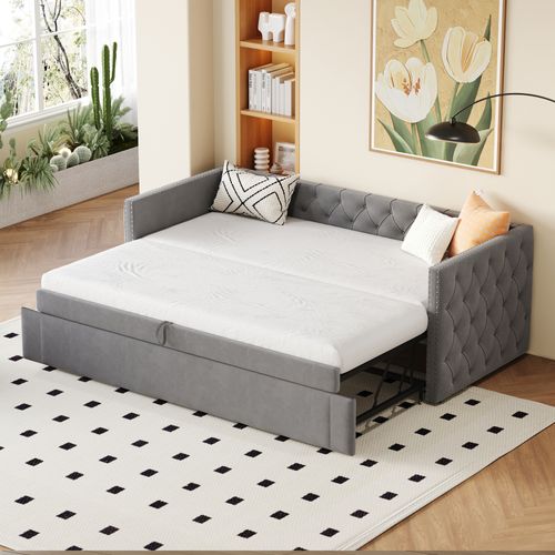 Lit Enfant 90x200 Cm Canapé‑lit Gigogne 90x190 Cm En Velours Gris Avec Sommier à Lattes