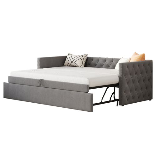 Lit Enfant 90x200 Cm Canapé‑lit Gigogne 90x190 Cm En Velours Gris Avec Sommier à Lattes