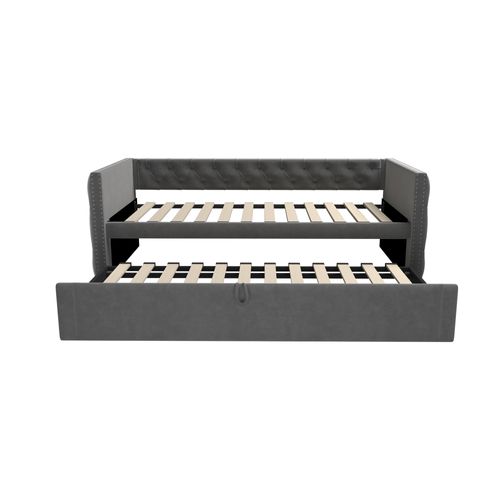 Lit Enfant 90x200 Cm Canapé‑lit Gigogne 90x190 Cm En Velours Gris Avec Sommier à Lattes